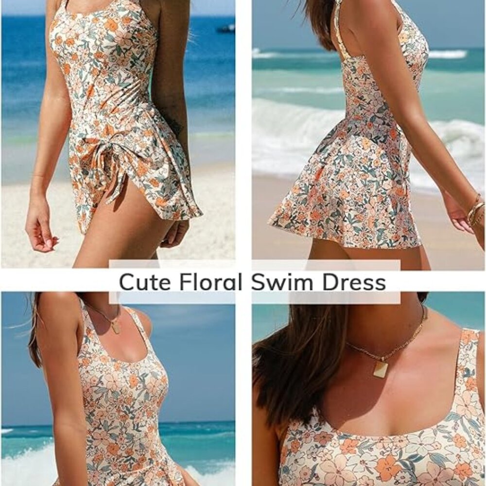 CUPSHE ORANGE DITSY FLORAL SCOOP NECK ONE PIECE SWIM DRESS SIZE MEDIUM NWT - Picture 4 of 4